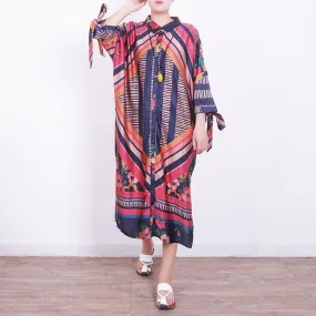 2018 red blue prints chiffon dress oversize chiffon clothing dress women side open tie bracelet sleeved chiffon dresses