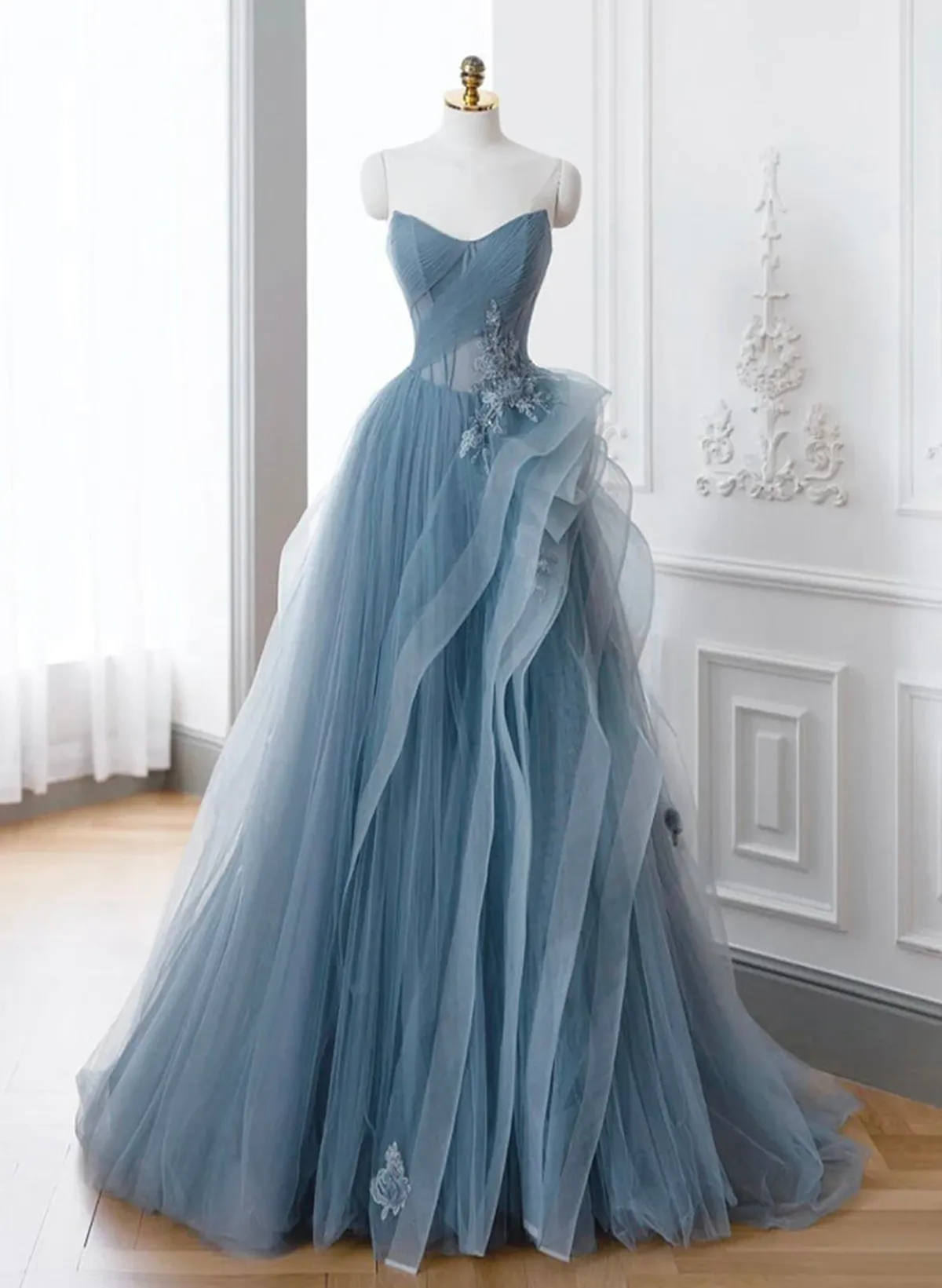 A-line Blue Tulle Long Party Dress with Lace, Off Shoulder Tulle Prom Dress