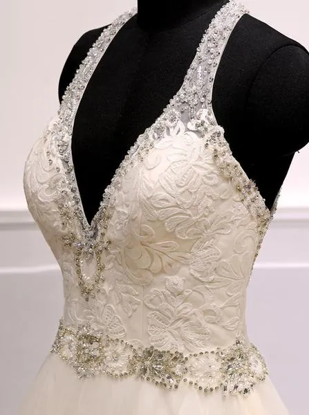 A-Line Bridal Wedding  Dress with V neck and Bling Crystals