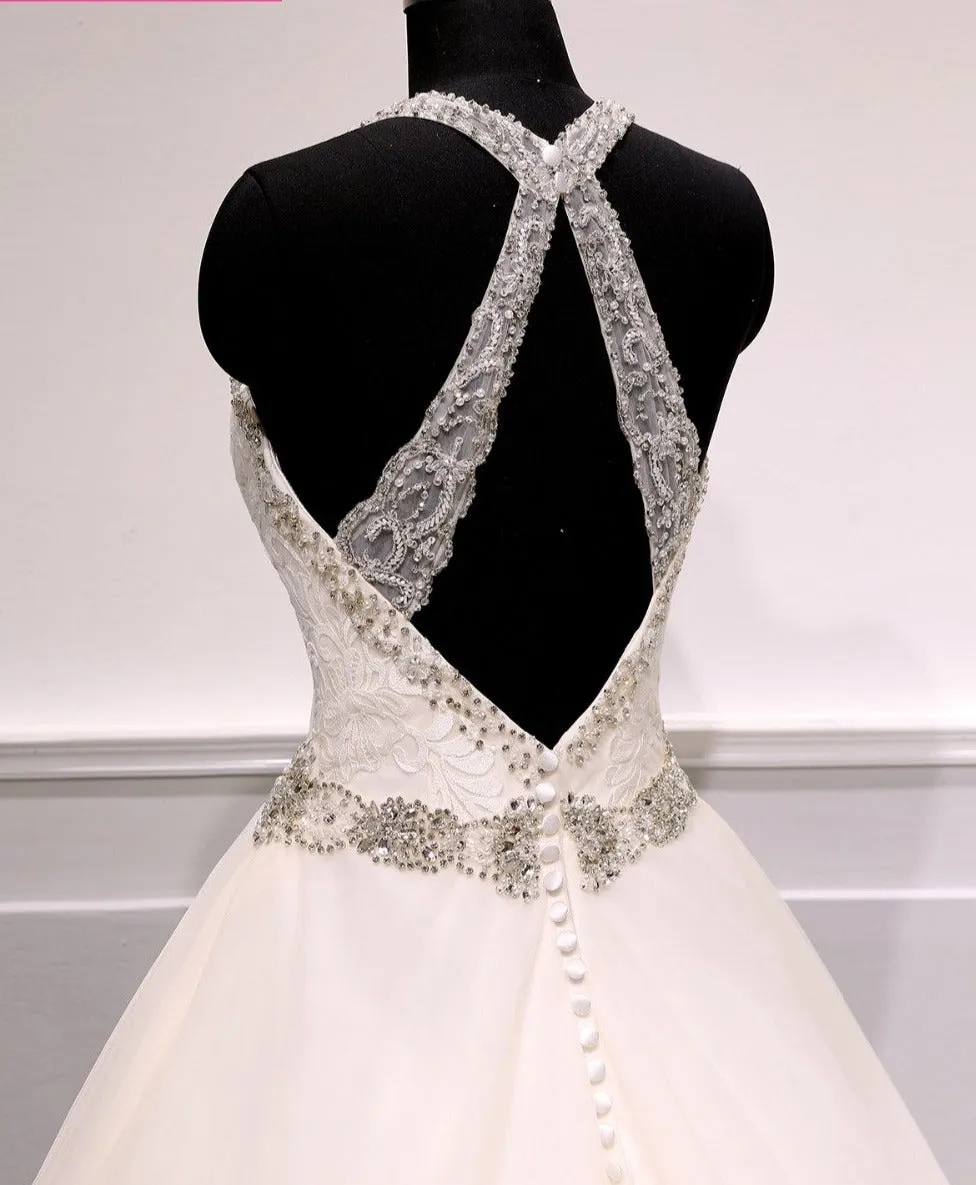 A-Line Bridal Wedding  Dress with V neck and Bling Crystals