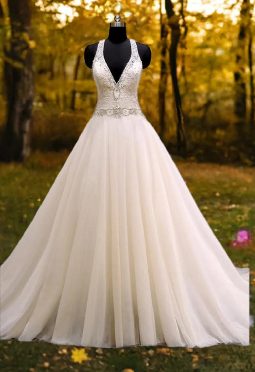 A-Line Bridal Wedding  Dress with V neck and Bling Crystals