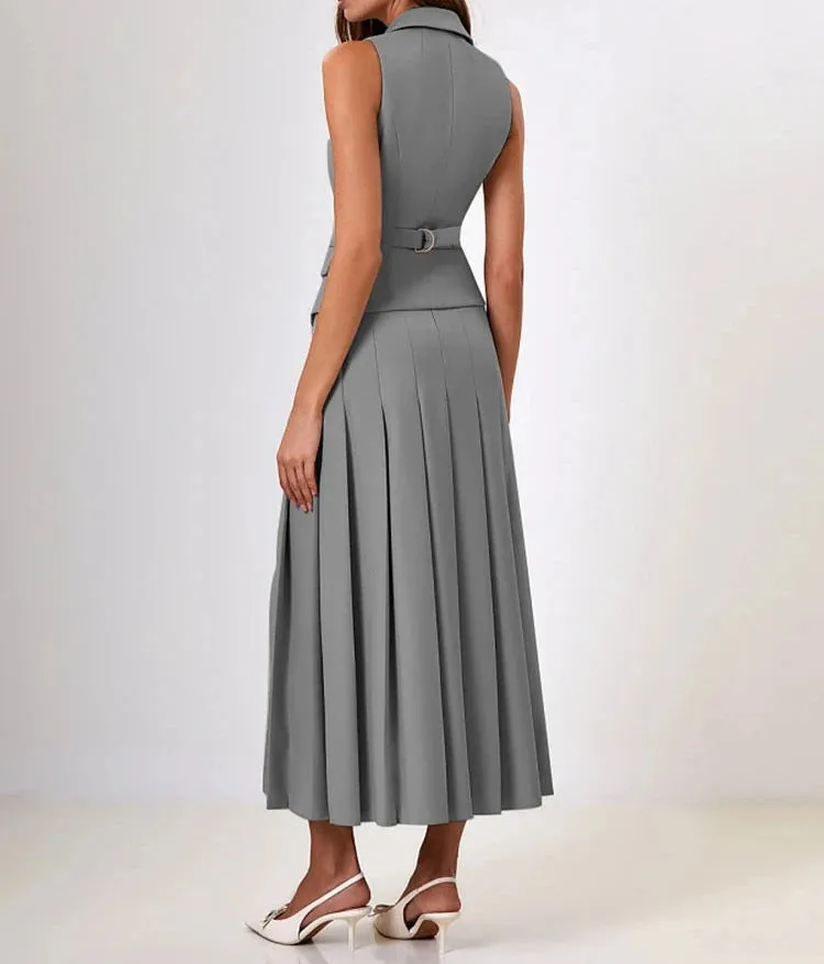 A&A Notched Elegant Collar Vest And Pleated Maxi Skirt Set