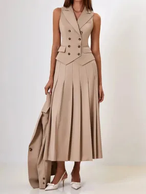 A&A Notched Elegant Collar Vest And Pleated Maxi Skirt Set