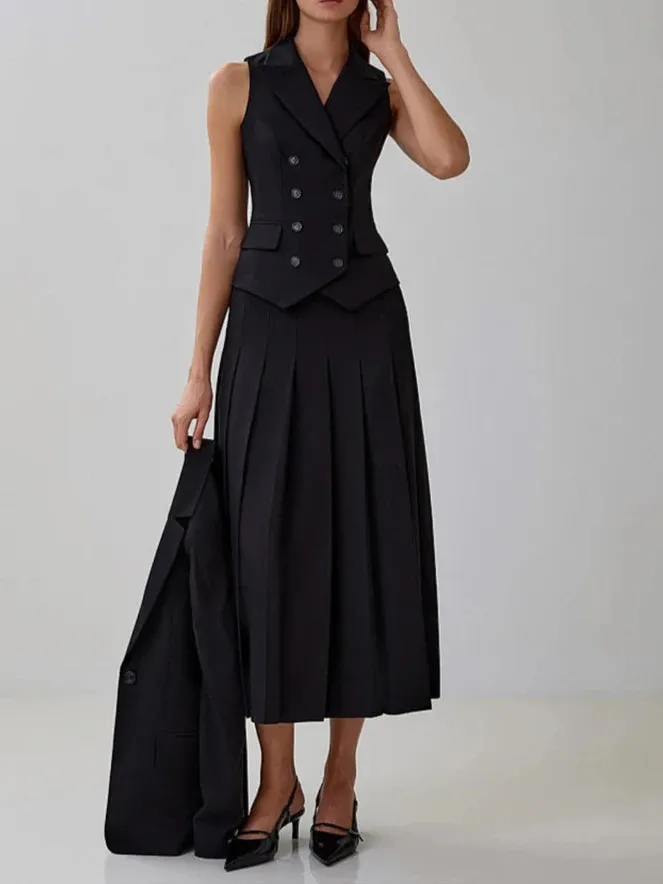 A&A Notched Elegant Collar Vest And Pleated Maxi Skirt Set