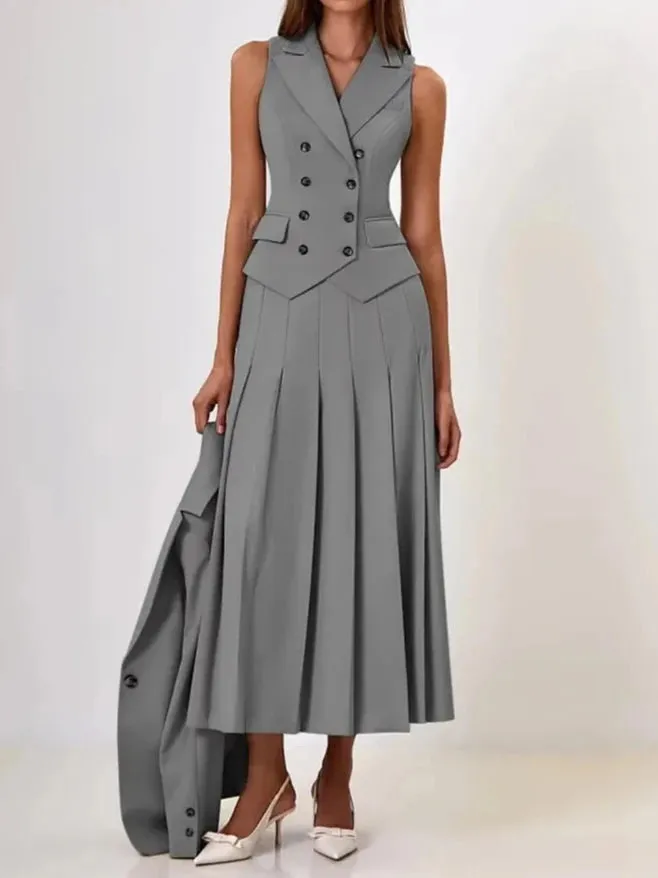 A&A Notched Elegant Collar Vest And Pleated Maxi Skirt Set