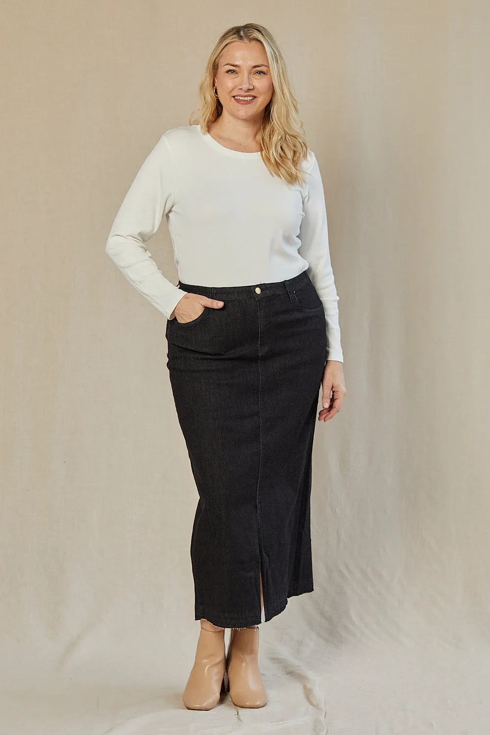 Adrift Denim Long Split Skirt in Black