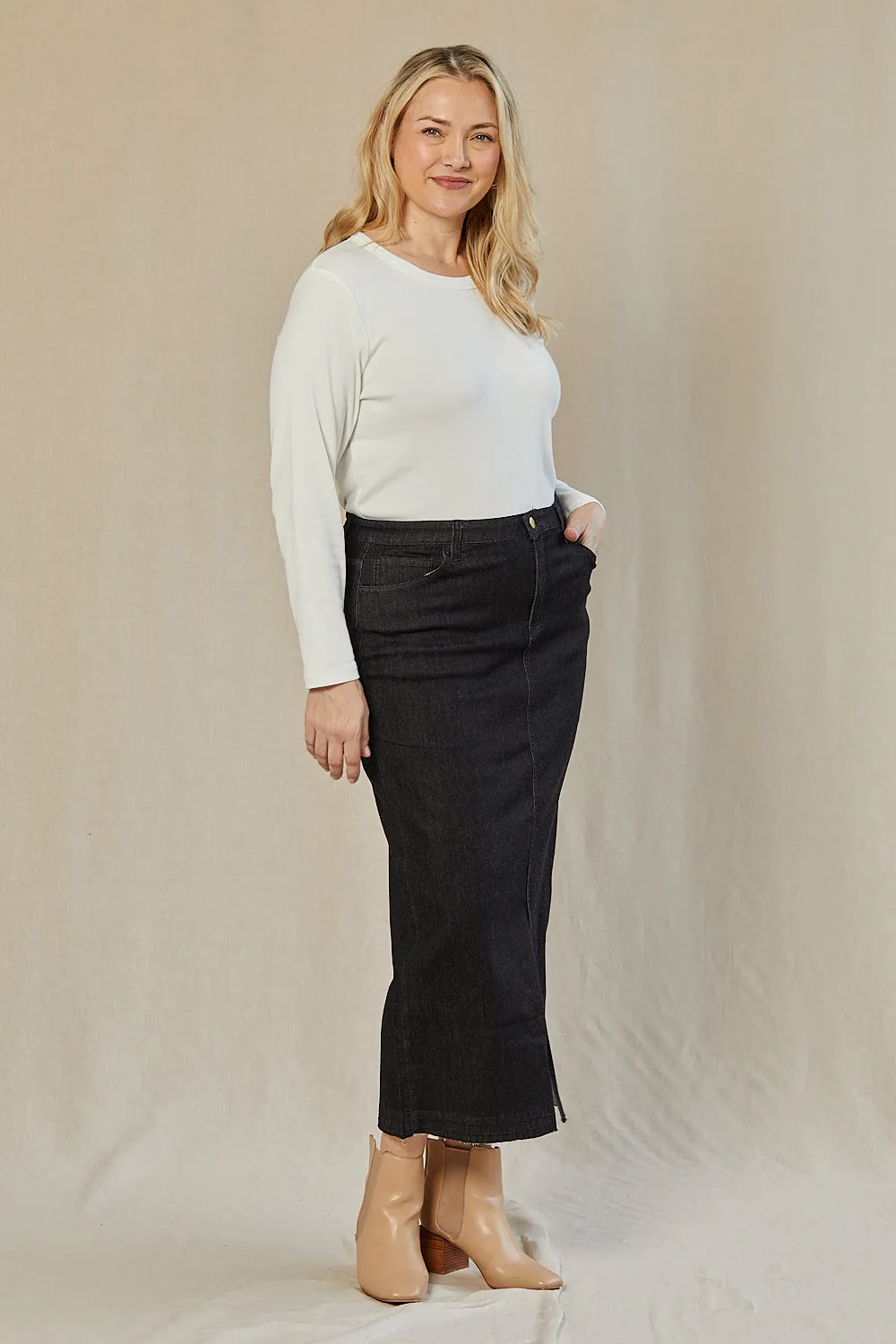 Adrift Denim Long Split Skirt in Black