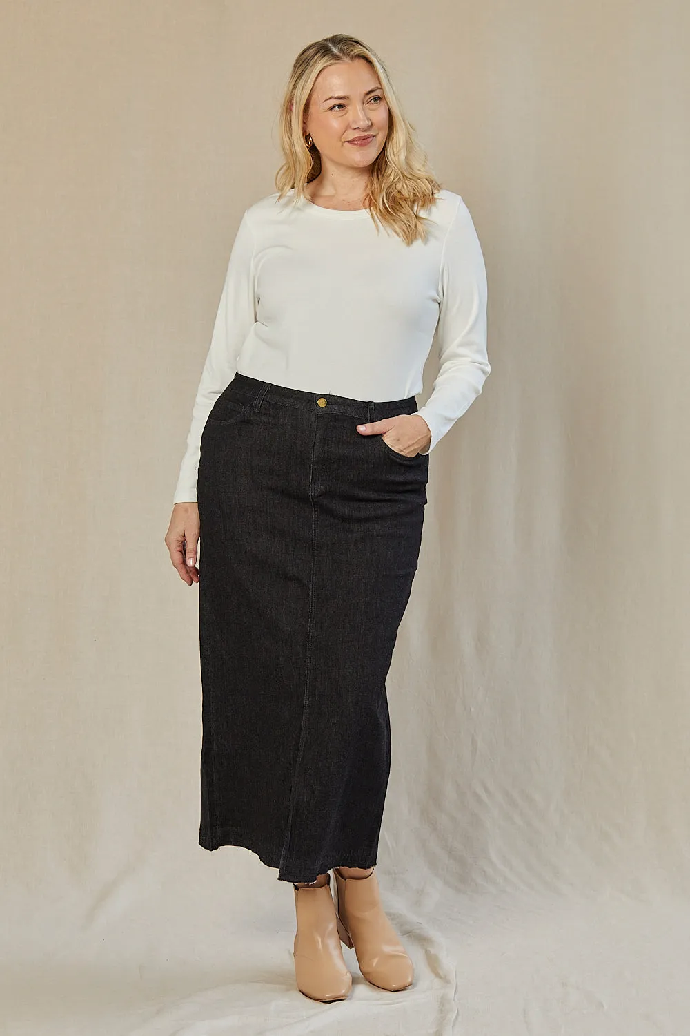 Adrift Denim Long Split Skirt in Black