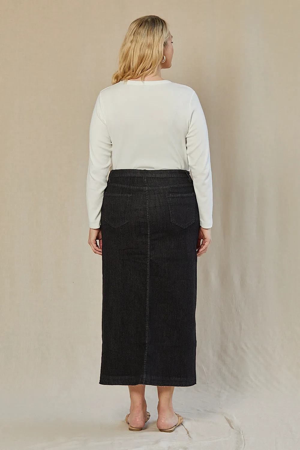 Adrift Denim Long Split Skirt in Black