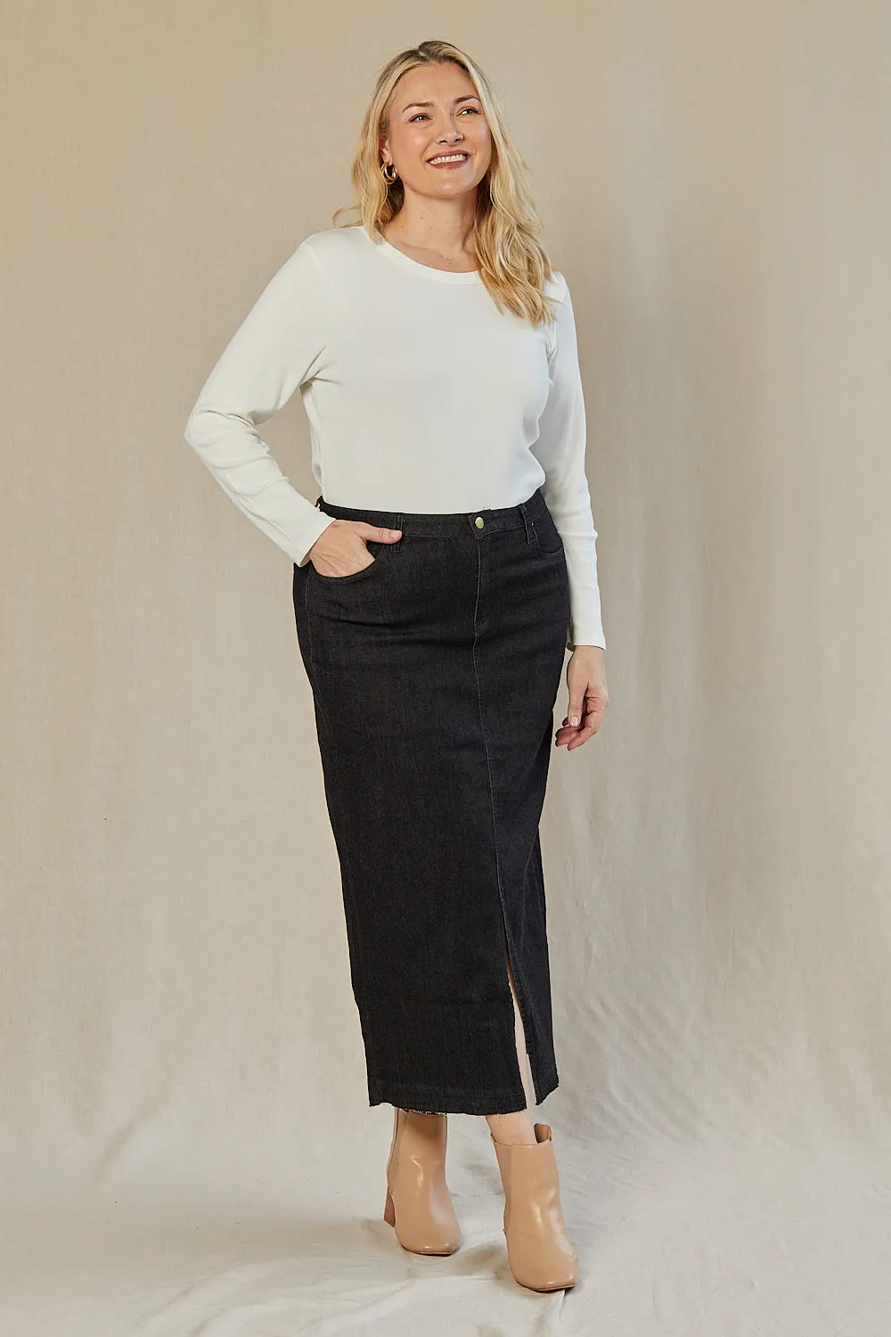 Adrift Denim Long Split Skirt in Black