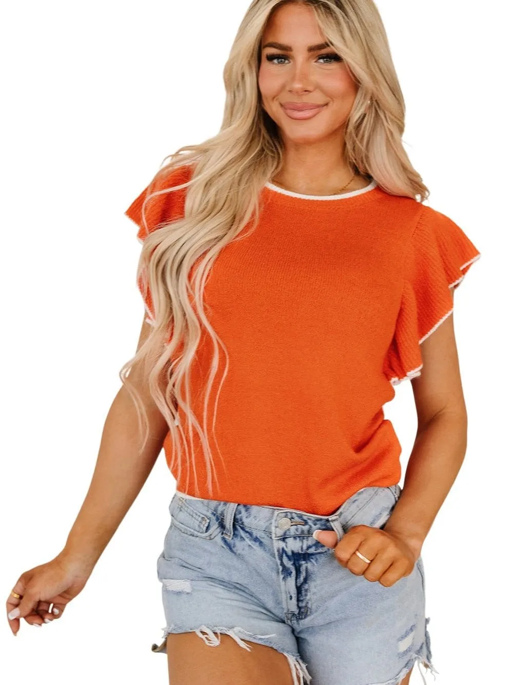 Autumnal Orange Knit Top with Ruffle Sleeves