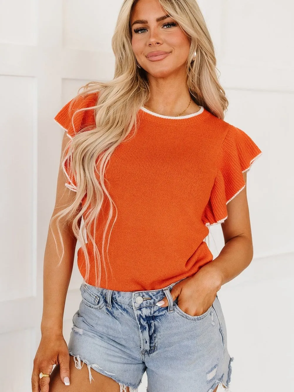 Autumnal Orange Knit Top with Ruffle Sleeves