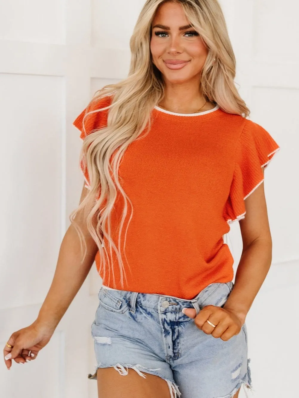 Autumnal Orange Knit Top with Ruffle Sleeves