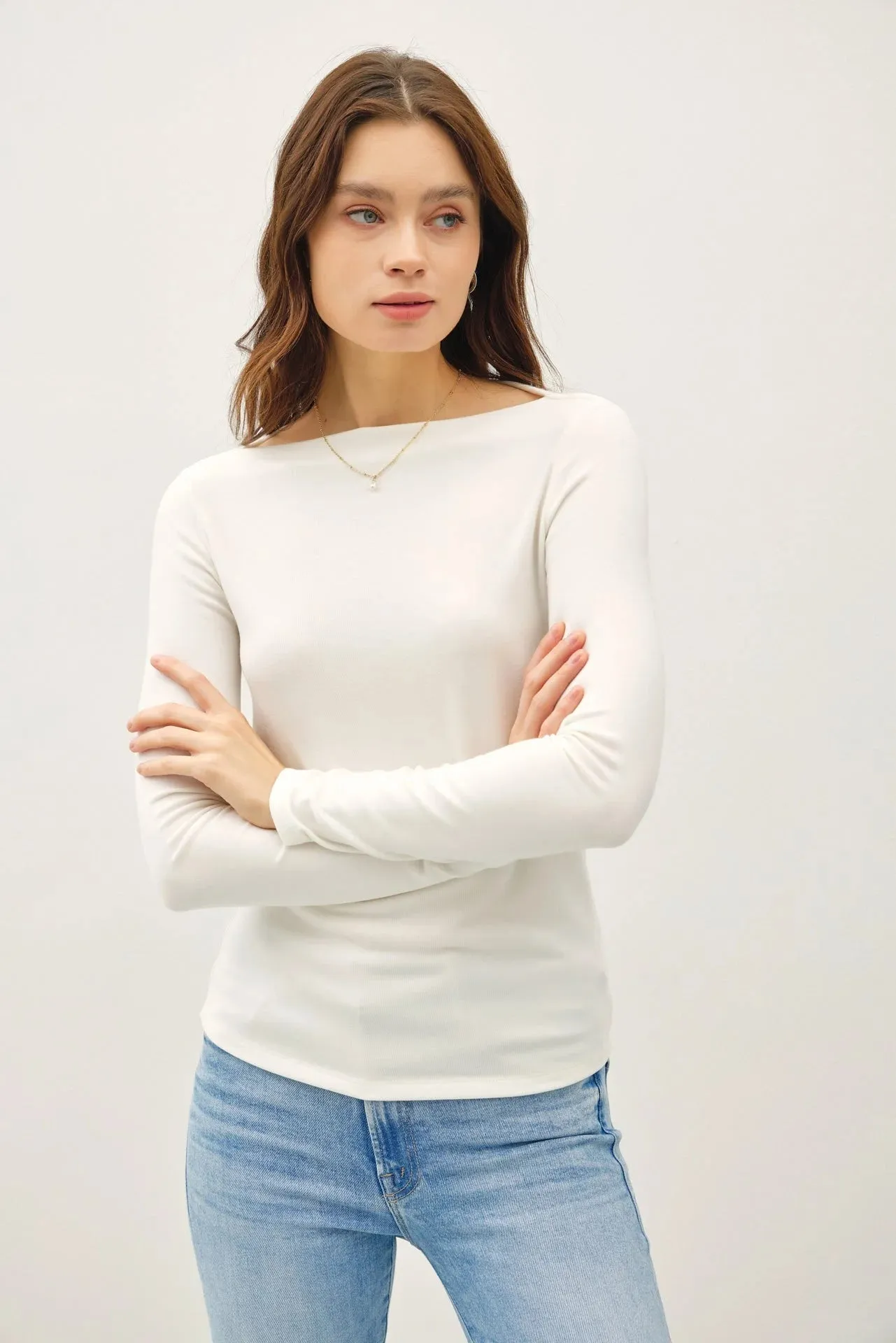 BASIC BOAT NECK LONG SLEEVE KNIT TOP