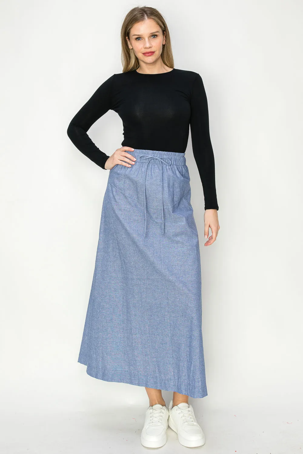 Batya Cotton Oxford Chambray Maxi Skirt With Draw String