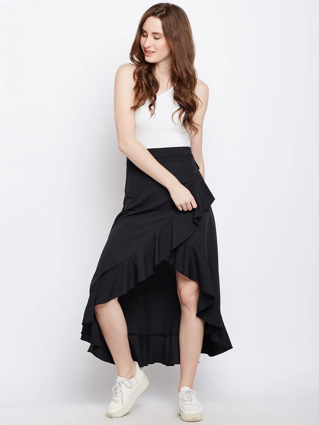 Berrylush Women Solid Black Waist Tie-Up Ruffled High-Low Wrap Maxi Skirt