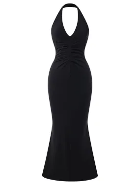 Black 1930s Solid V-Neck Halter Mermaid Dress