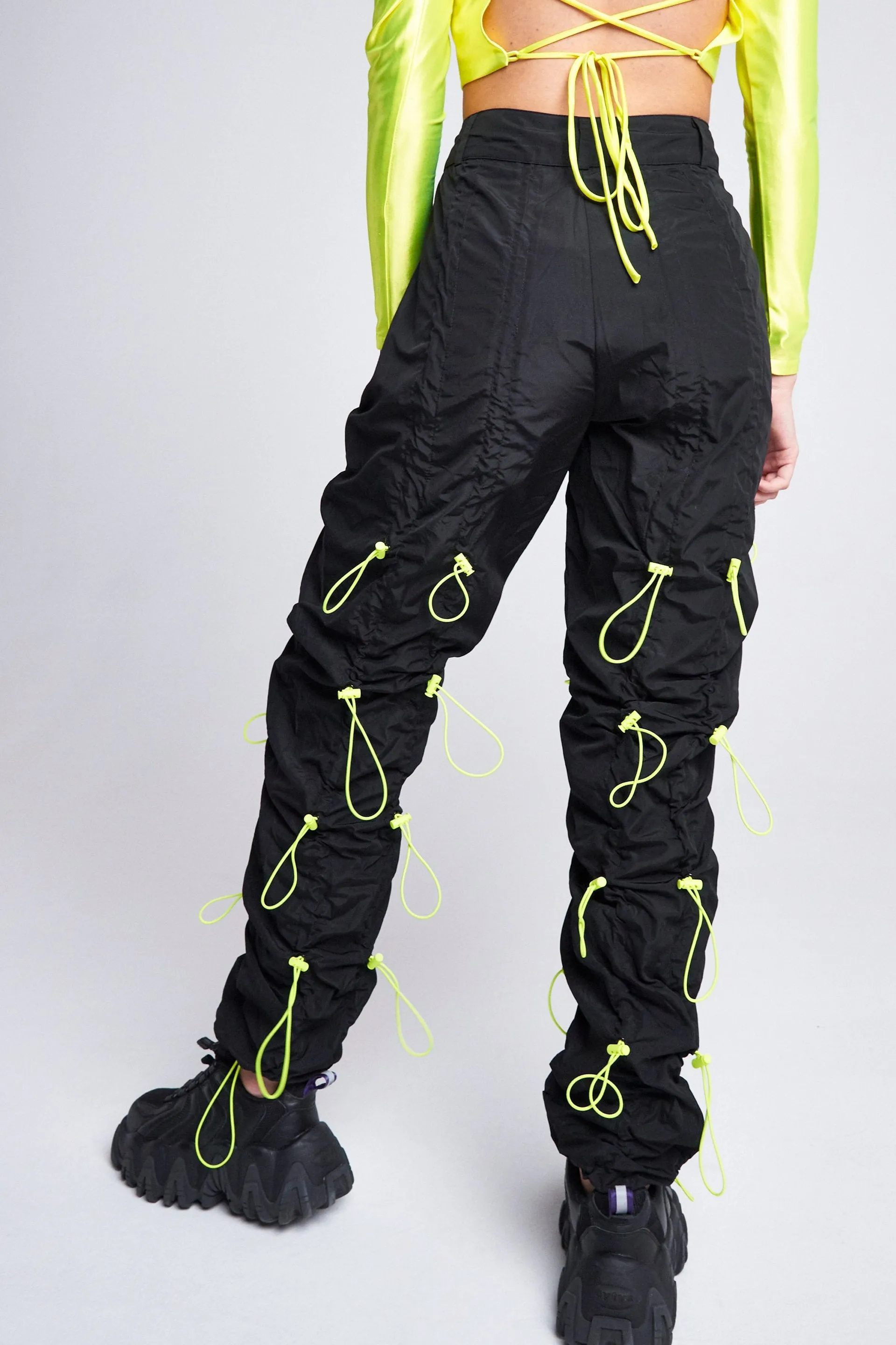 Black Cargo Trousers With Neon Toggle Detail