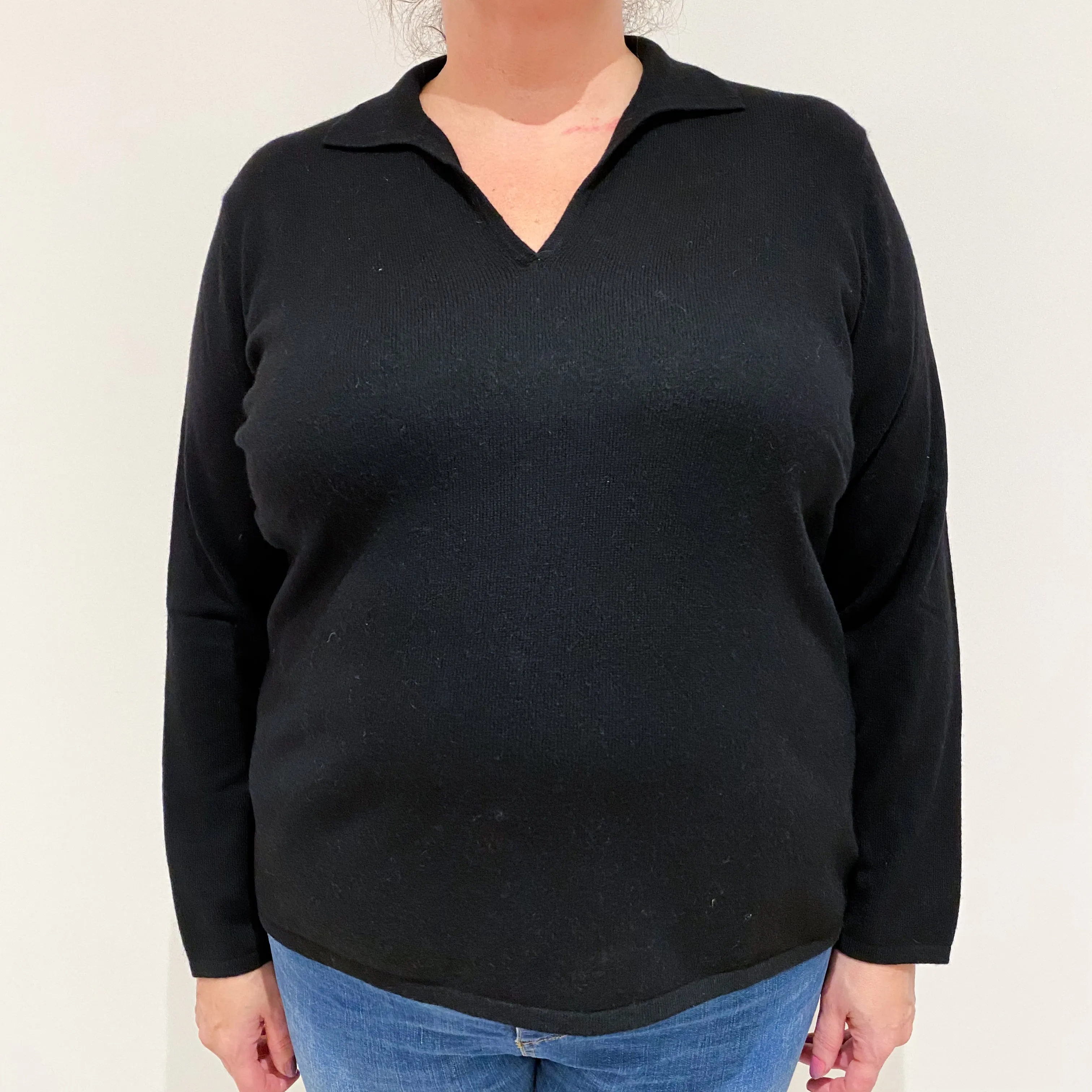 Black Cashmere Collared V-Neck Jumper Extra Large