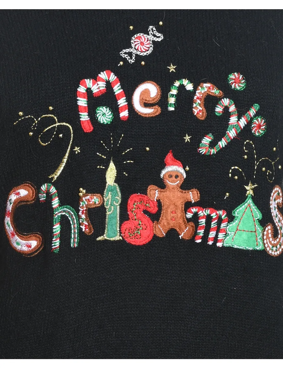 Black Embroidered Merry Christmas Design Knit Jumper - L