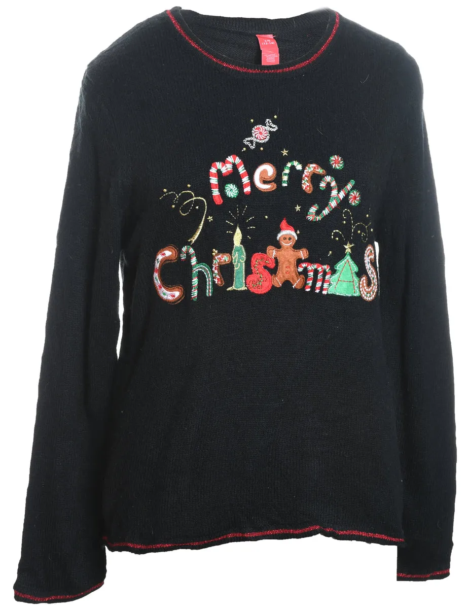 Black Embroidered Merry Christmas Design Knit Jumper - L