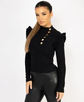 Black Knitted Frill Sleeve Gold Button Jumper Top