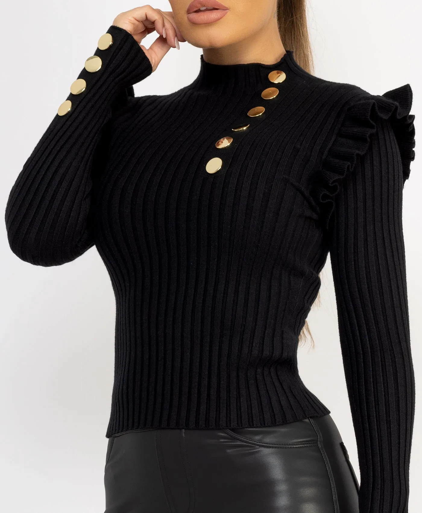 Black Knitted Frill Sleeve Gold Button Jumper Top