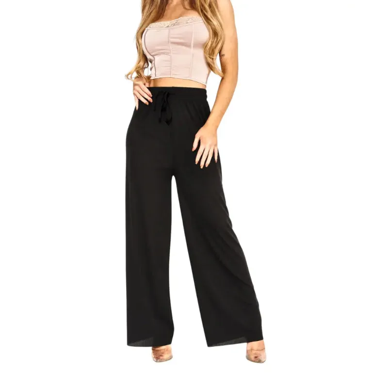 Black Wide Leg Drawstring Trousers