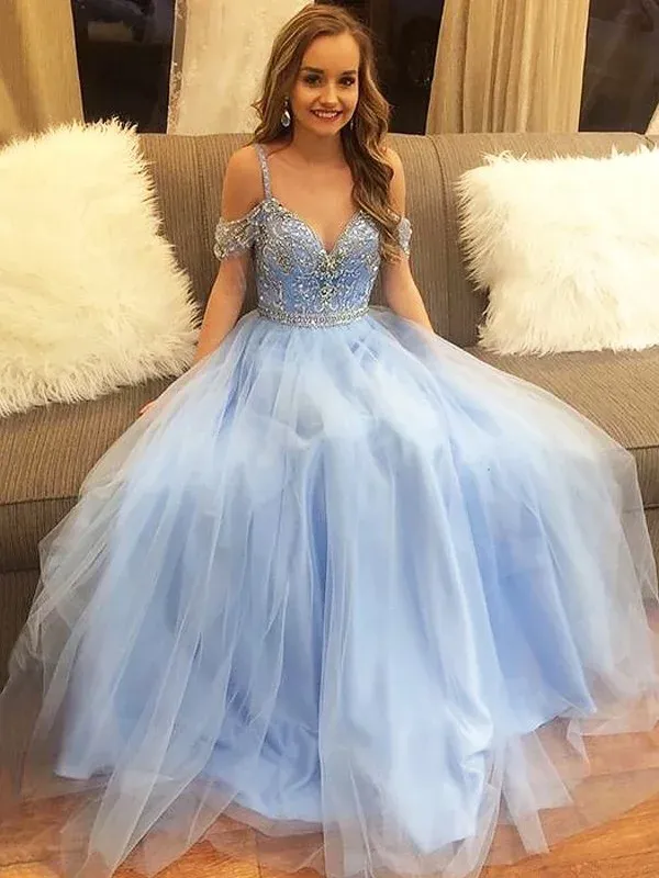 Blue Formal Sweet 16 Graduation Long Tulle Prom Dress with Delicate Beading