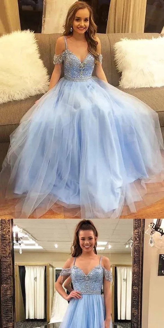 Blue Formal Sweet 16 Graduation Long Tulle Prom Dress with Delicate Beading