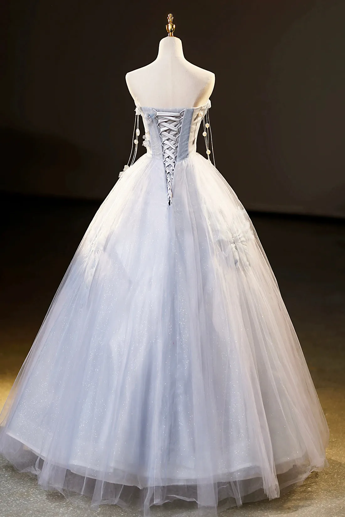 Blue Tulle Floor Length Prom Dress, Off the Shoulder Evening Party Dress