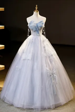 Blue Tulle Floor Length Prom Dress, Off the Shoulder Evening Party Dress