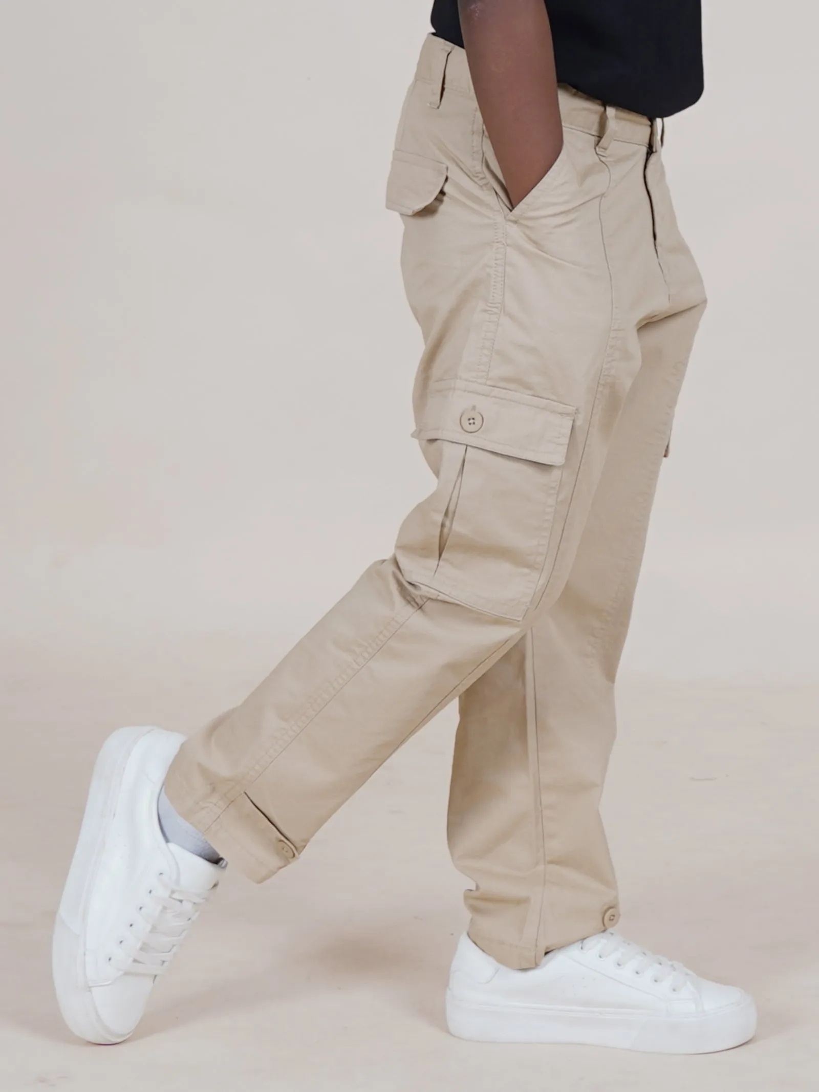 Boys Cotton Full Length Front Cut Sew Cargo Pant With Bottom Tab