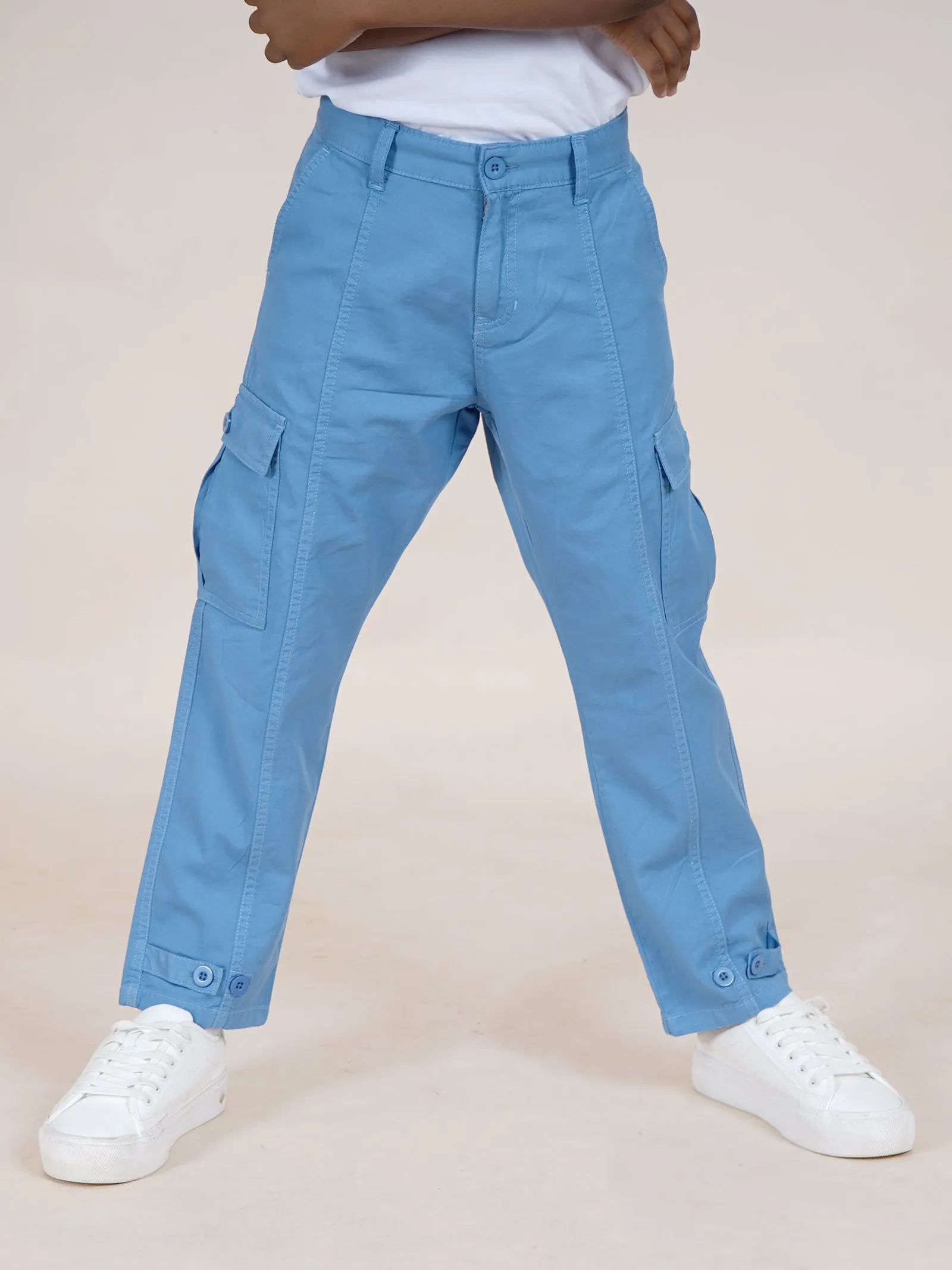 Boys Cotton Full Length Front Cut Sew Cargo Pant With Bottom Tab