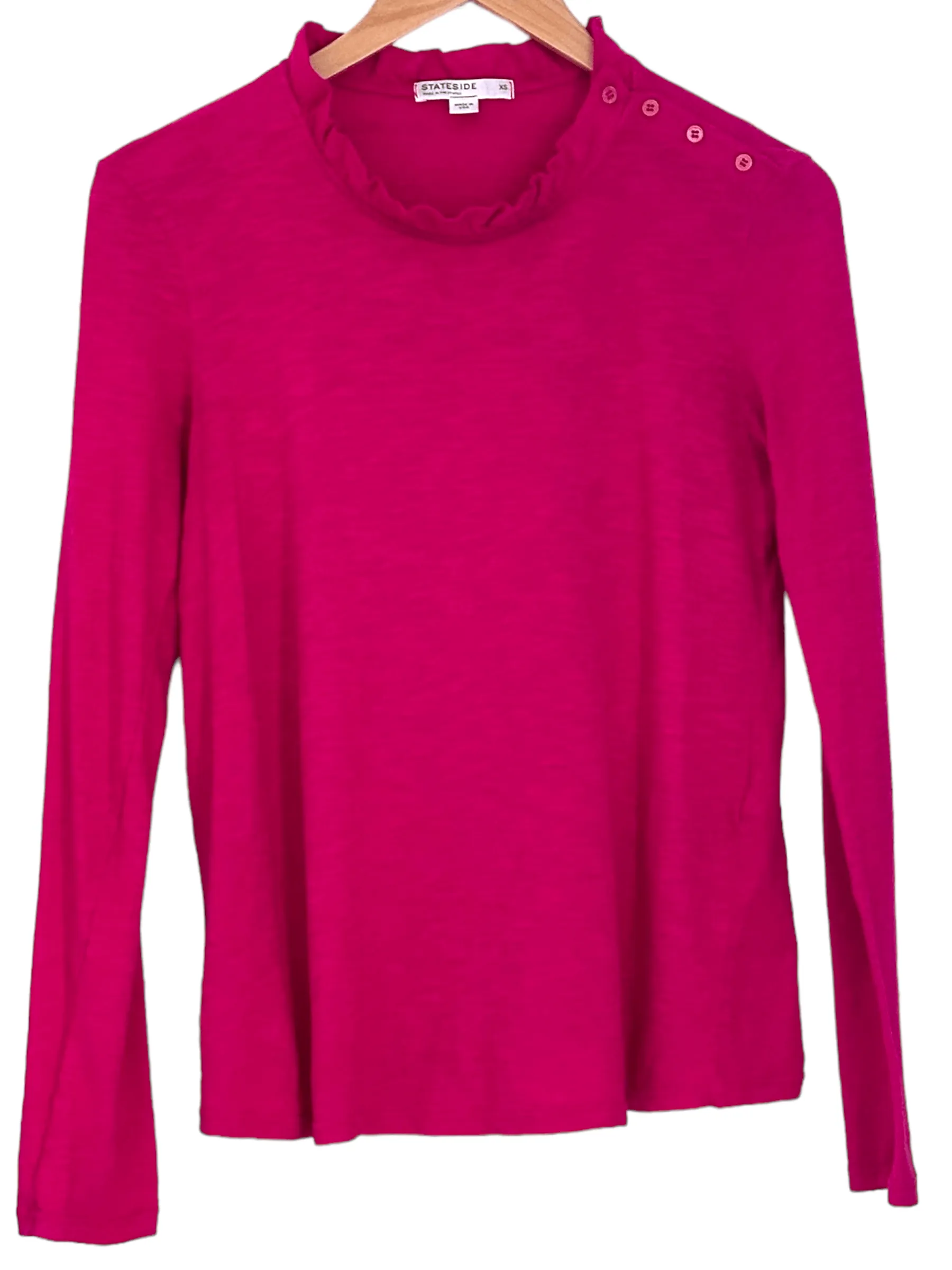 Bright Winter Berry Ruffle Neck Button Shoulder Knit Top