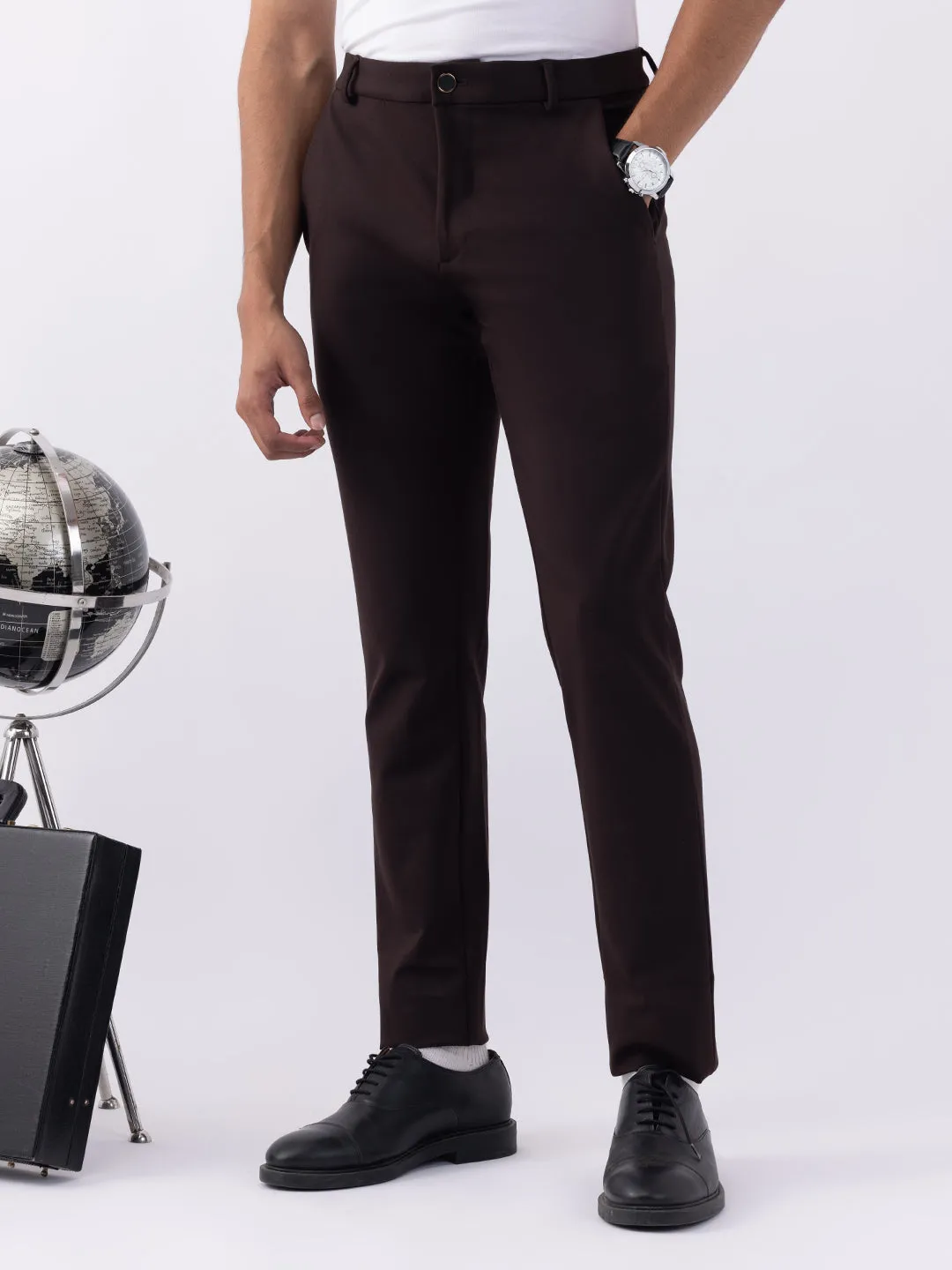 Brown Plain Bi-Stretch Trousers