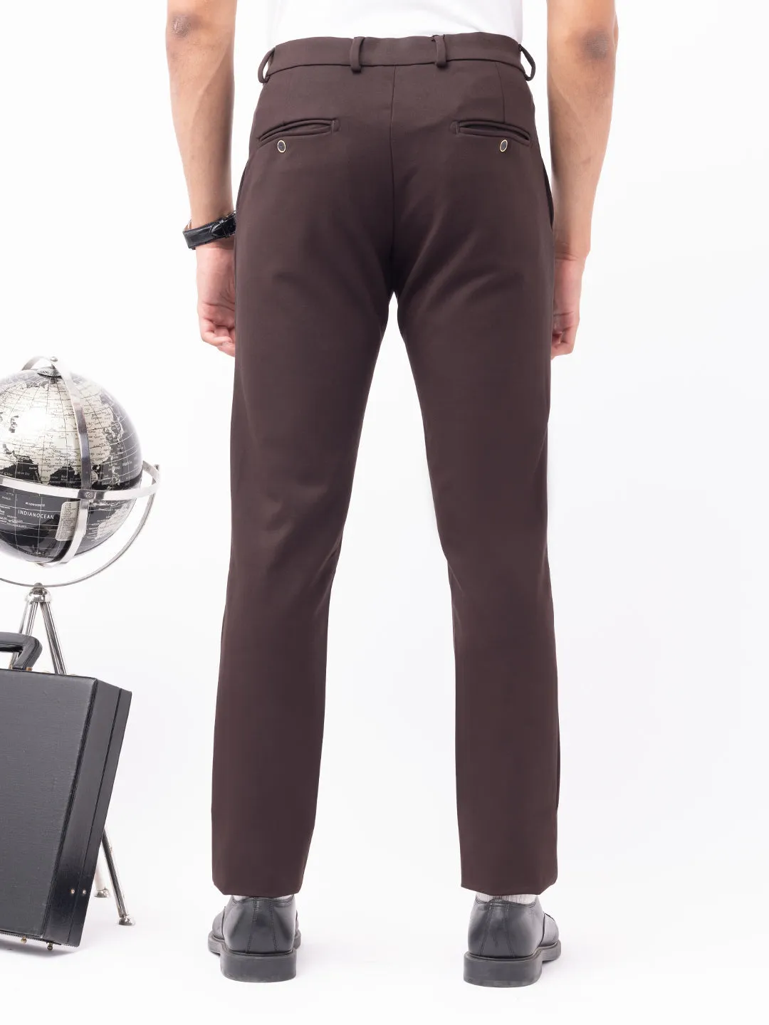 Brown Plain Bi-Stretch Trousers