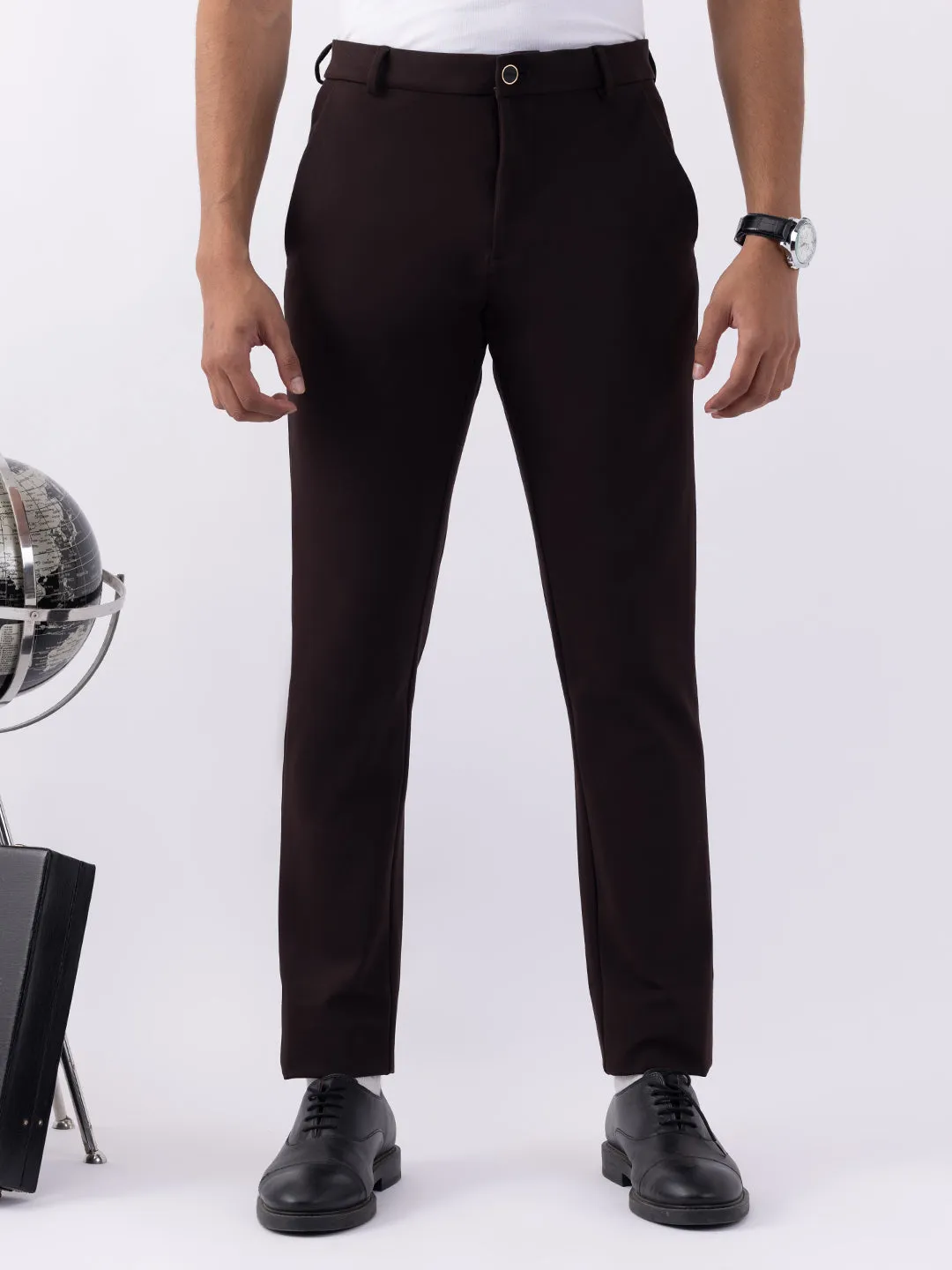 Brown Plain Bi-Stretch Trousers