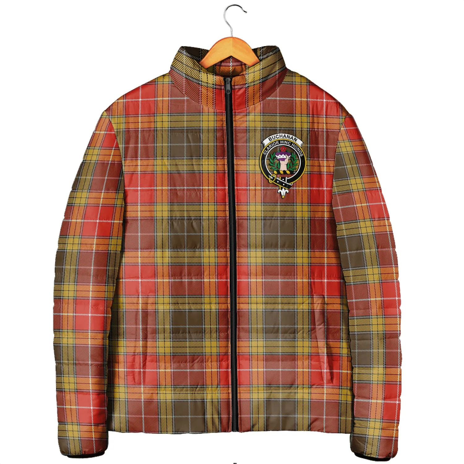 Buchanan Old Set Weathered Tartan Padded Jacket with Family Crest