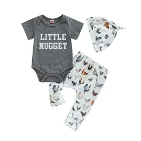 BULINGNA Infant Baby Boy Summer Outfit Set Funny Farm Letters Print Bodysuit Romper and Pattern Print Long Pants Leggings Clothes (Grey, 0-3 Months)