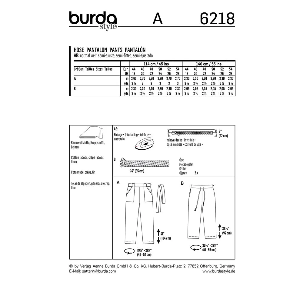 BURDA - 6218 Trousers/Pants wtih Straight Leg