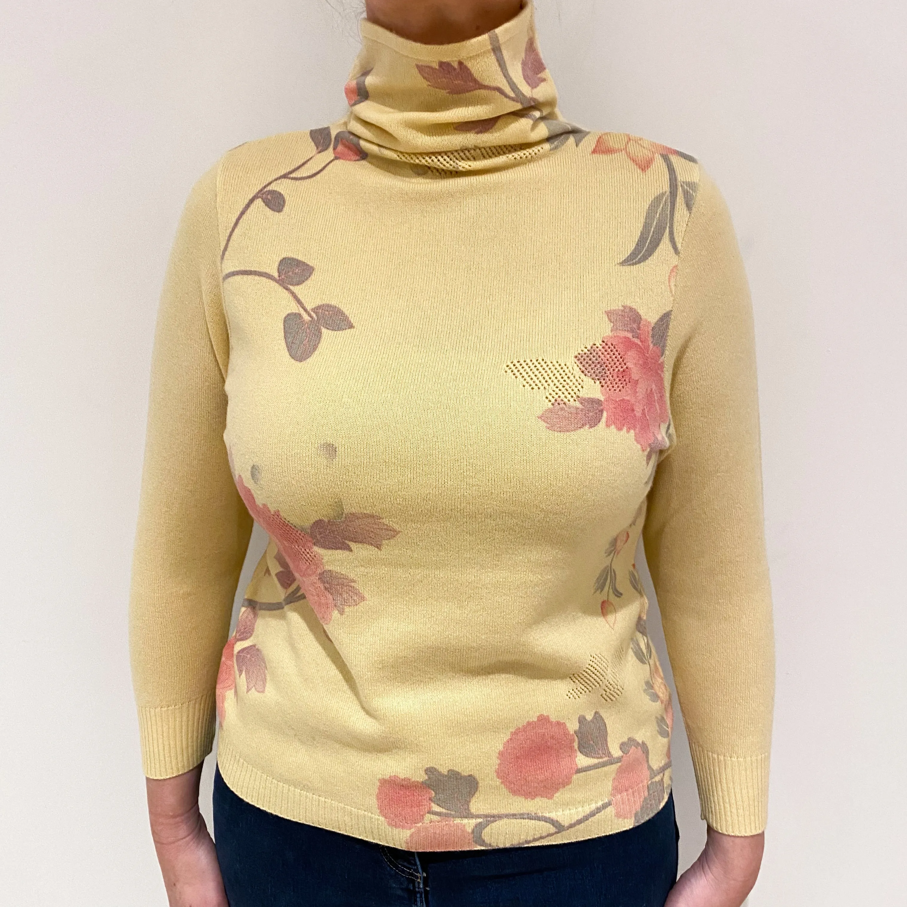 Buttermilk Yellow Floral Cashmere Funnel Neck Jumper Large