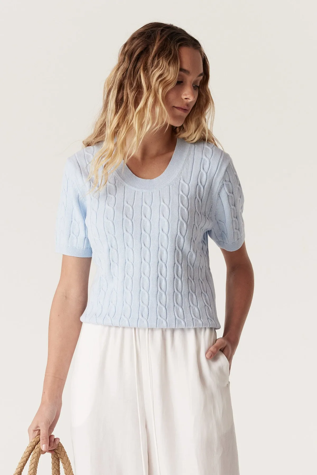 Cable Heritage Cotton Cable Tee - Pale Blue