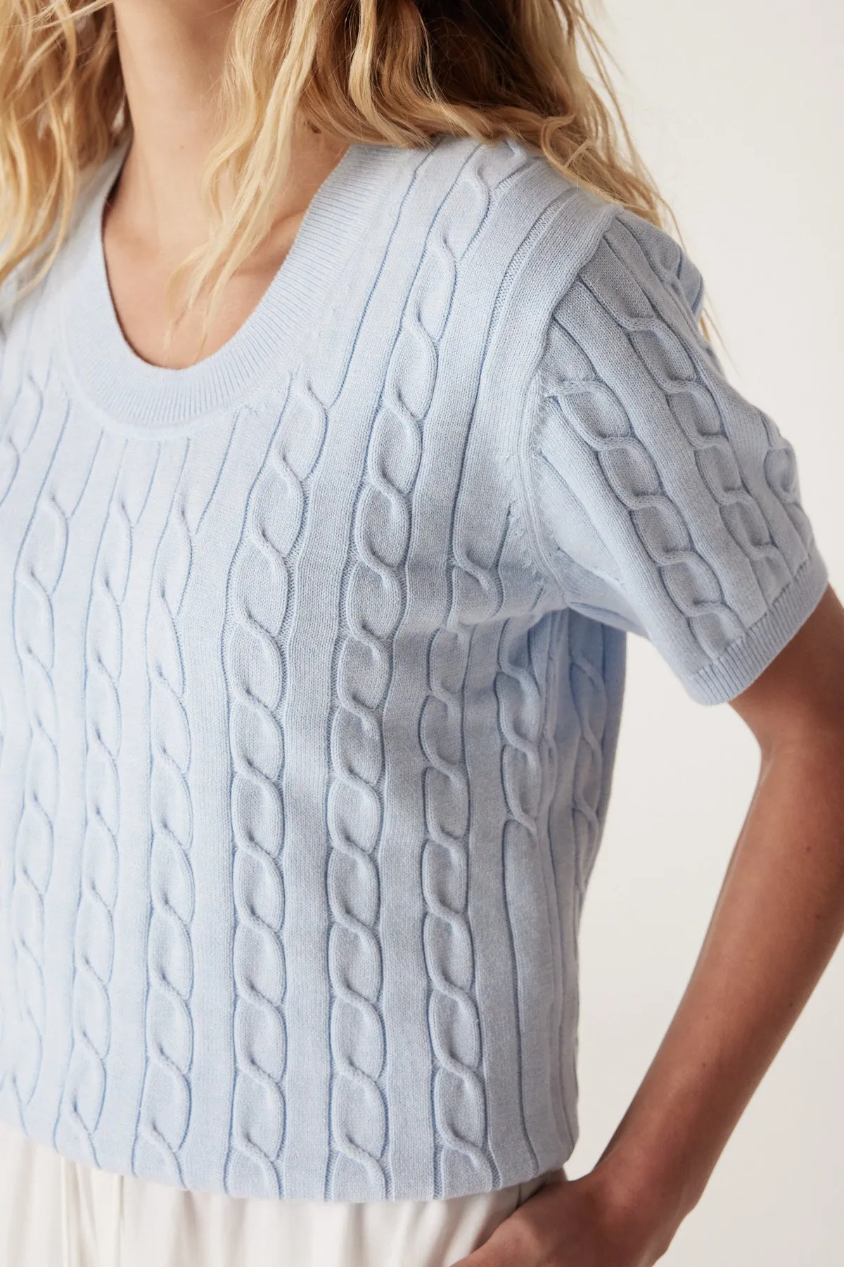 Cable Heritage Cotton Cable Tee - Pale Blue