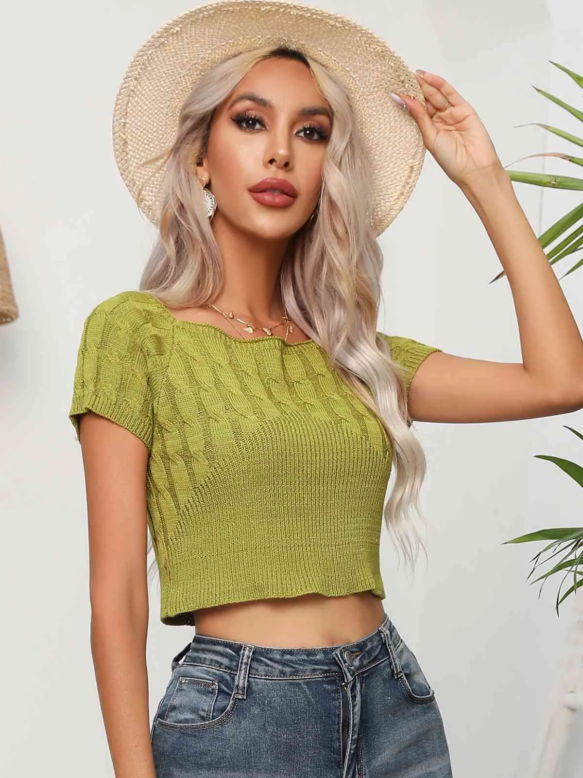 Cable-Knit Round Neck Short Sleeve Knit Top