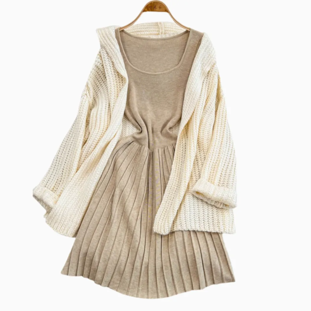 Cardigan&Pleated Slip Dress Knitted 2Pcs