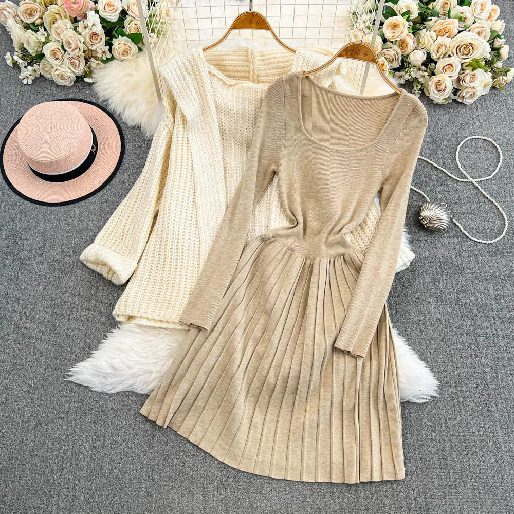 Cardigan&Pleated Slip Dress Knitted 2Pcs