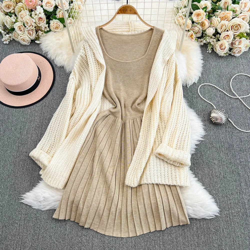 Cardigan&Pleated Slip Dress Knitted 2Pcs