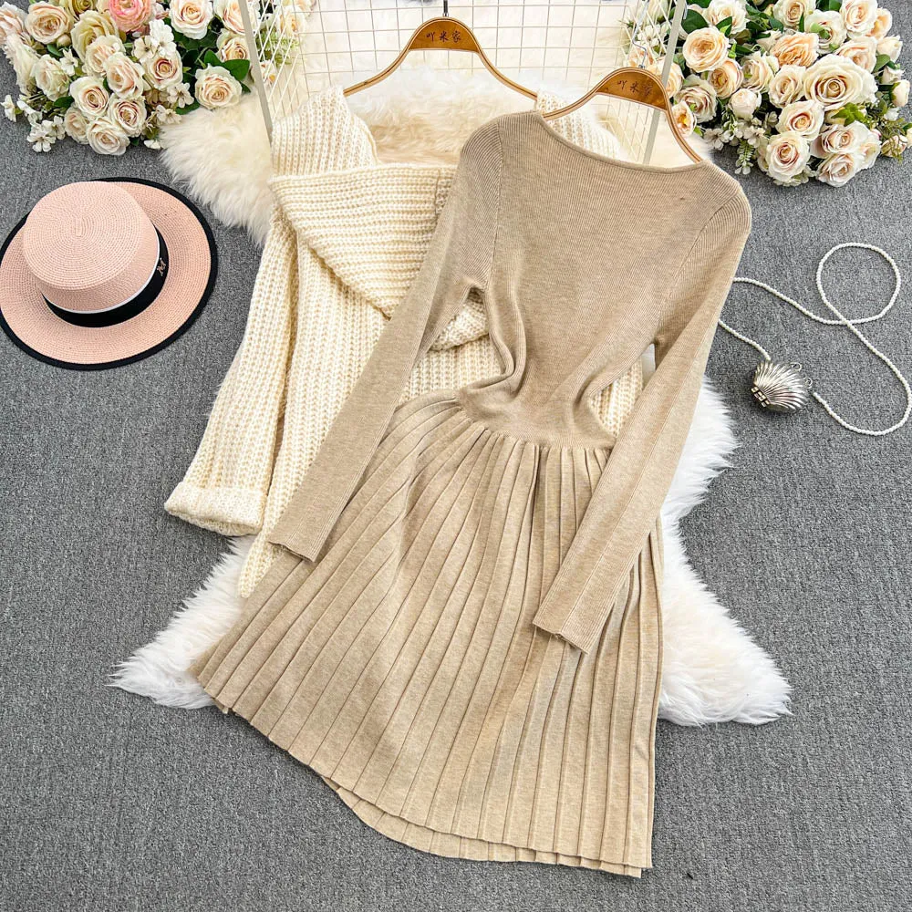 Cardigan&Pleated Slip Dress Knitted 2Pcs