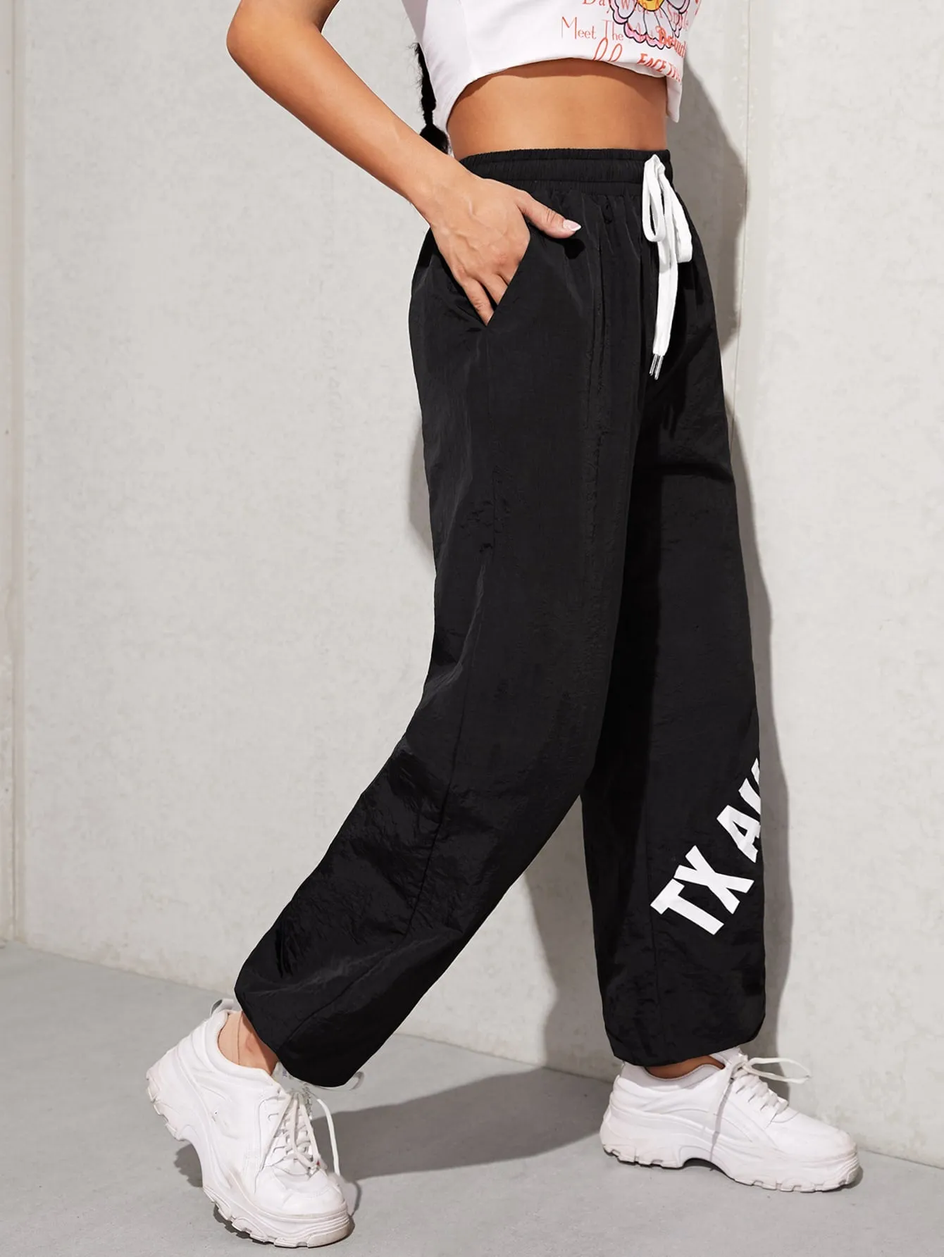 Casual Letter Tie Front High Waist Long Women Pants